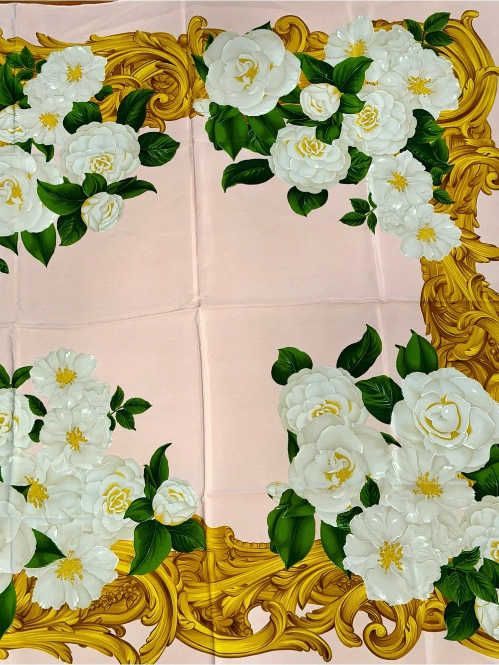 CHANEL Vintage Pink Silk Scarf with White Camellias and Gold Scroll Border